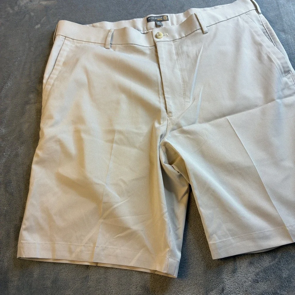 Peter Millar Mens 36 Crown Sport Wicking Golf Shorts Tan White Micro Stripe 9in